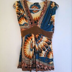 Sky‎ Blue Bohemian Multicolor Sleeveless Shirt With Faux Leather Empir Waist